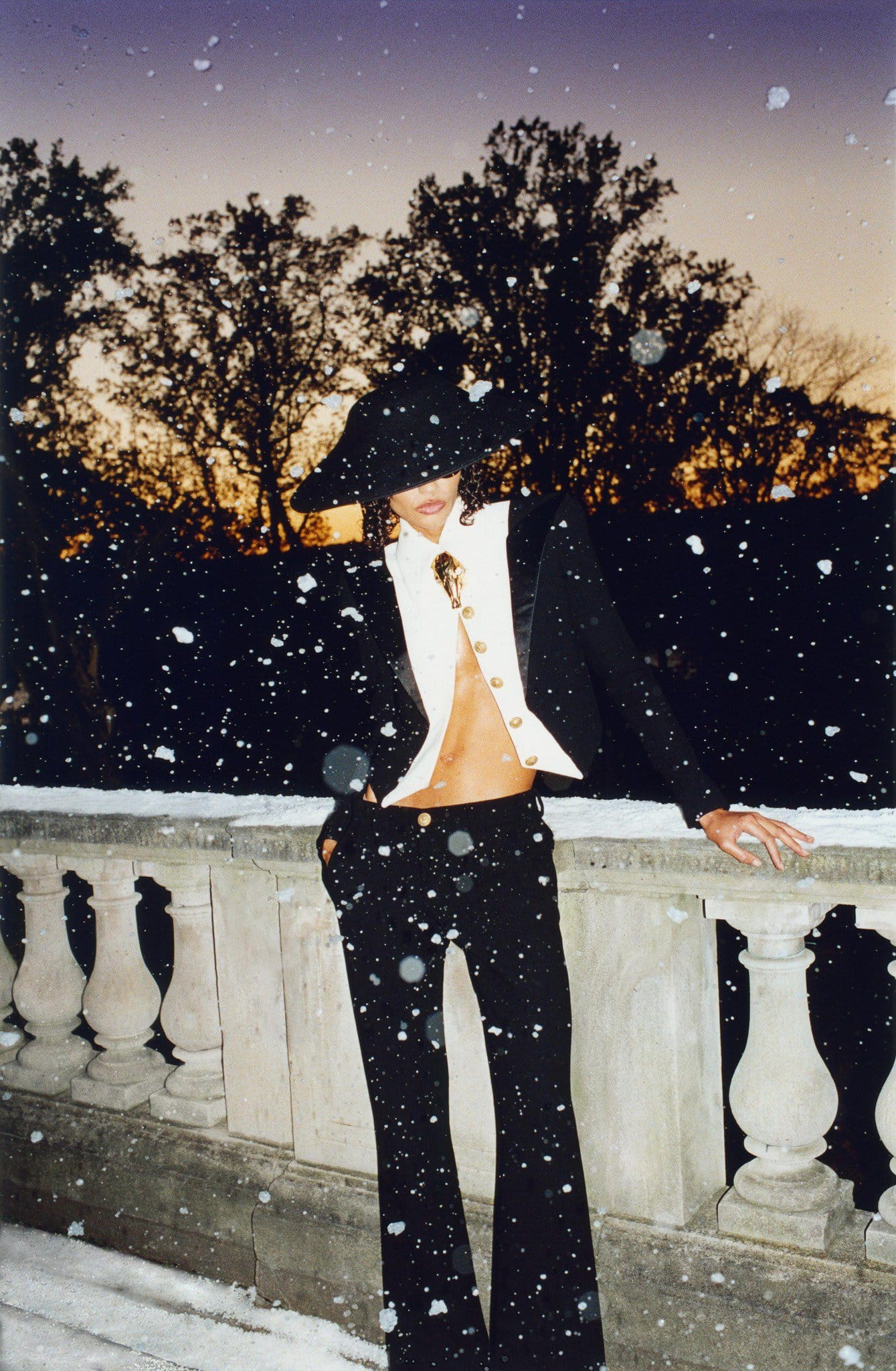 Woman poses in a black suit and hat in a snowy outdoor setting with silhouetted trees and a purple and orange sunset in the background.