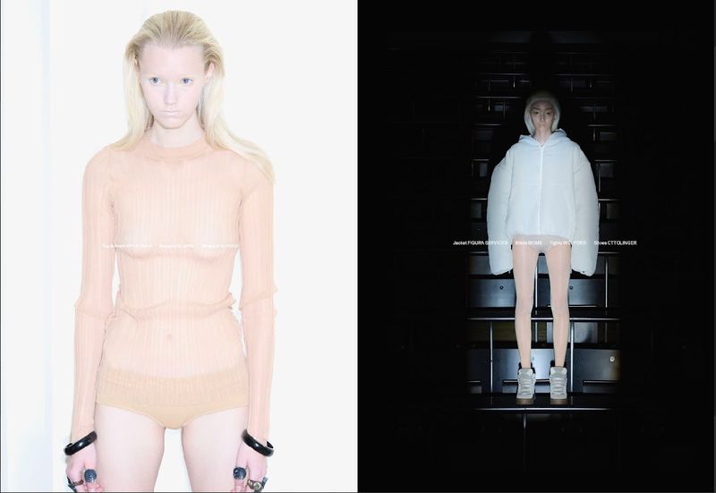 Two images featuring a fair-skinned woman in sheer beige clothing on white and a white-jacketed person in the shadows of a stairwell.