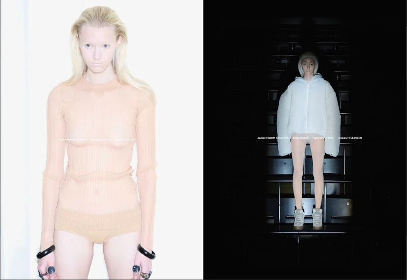 Two images featuring a fair-skinned woman in sheer beige clothing on white and a white-jacketed person in the shadows of a stairwell.