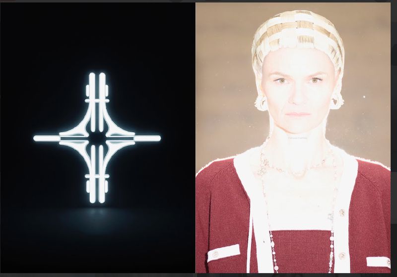 Adult female poses with a red and white top and jewelry next to a glowing cross design against a dark background.