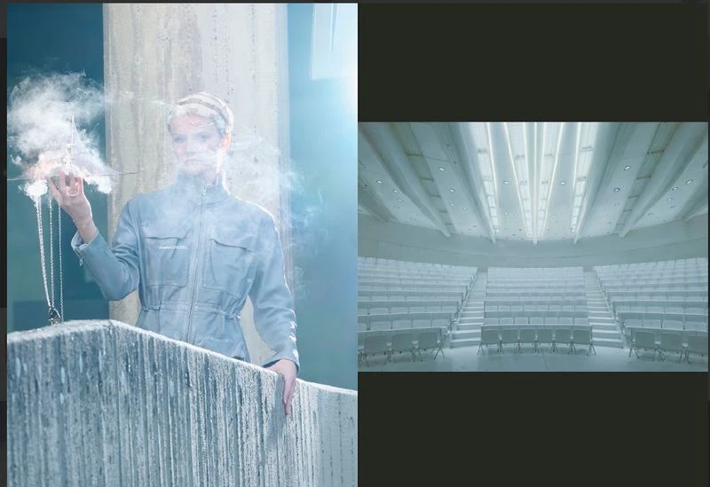 Fashion shot of an adult posing with chain and smoke, standing in front of a concrete structure, with a photograph of an auditorium inset.