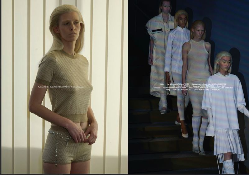 Fashion editorial shot featuring a model in a neutral-toned outfit and a group of models in white on a runway, promoting style.