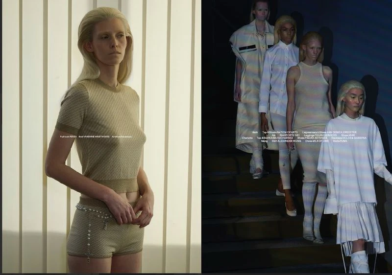 Fashion editorial shot featuring a model in a neutral-toned outfit and a group of models in white on a runway, promoting style.