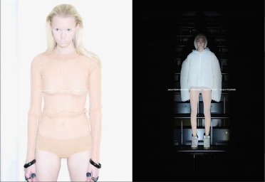 Split view featuring a blonde model in sheer nude top on the left and full-length figure in puffy white jacket on dark stairs