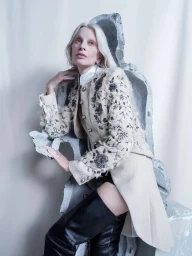 Model Kristen McMenamy wearing an embroidered coat and tall black boots seated against a weathered grey sculpted backdrop.