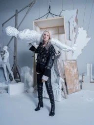 Kristen McMenamy wearing an embellished black jacket and thigh-high boots in a surreal studio set designed by Tim Walker for Zara.