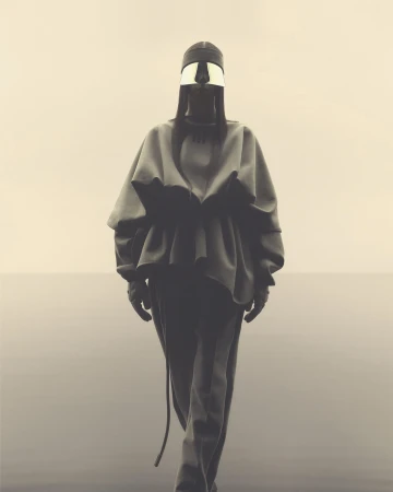 Monochrome fashion shot features a person wearing a sculptural garment with a reflective visor, standing against a neutral background.