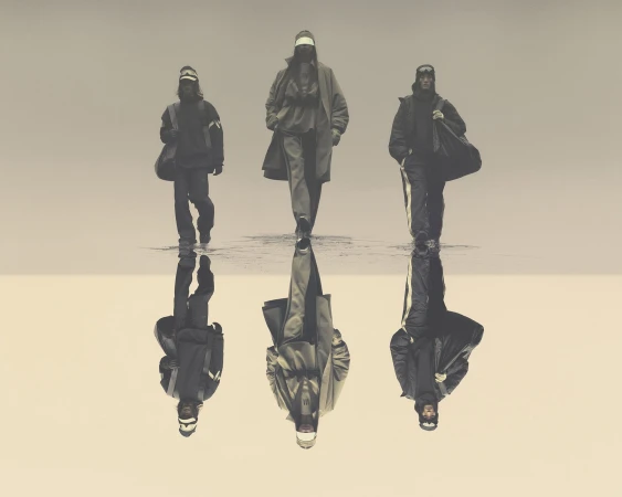 Three people walk toward the viewer in a neutral-toned setting. The figures are reflected on the surface below, creating a mirror effect.