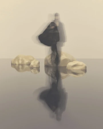 Abstract fashion shot: blurred figure in dark coat reflected on water, standing on rocks against a neutral backdrop.