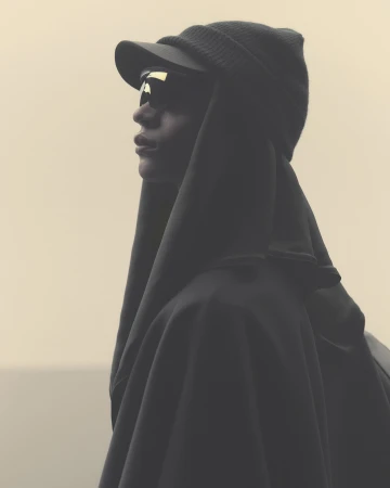 Side view of a person in a black hooded cape, sunglasses, and cap against a pale background, emphasizing dark, enveloping fashion.
