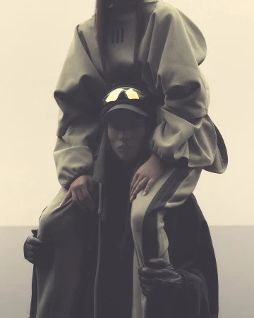 Two people wearing matching olive green athletic tracksuits are standing in front of a neutral-colored horizon with an overcast sky.