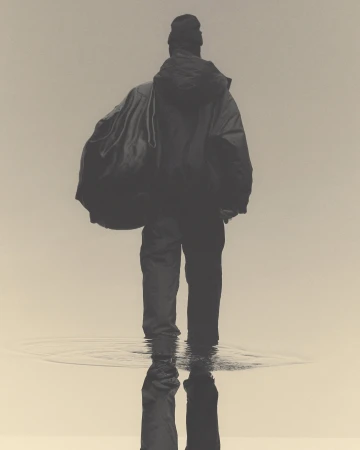 A person wearing a jacket and hat walks through shallow water, creating ripples. The scene is overcast and rendered in desaturated tones.