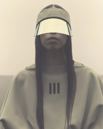 Model wearing a visor with a reflective shield and a sage green top for Fear of God Athletics 2023 campaign.