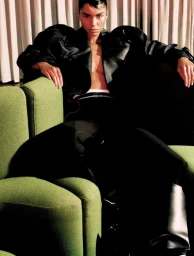 Model Daiane Sodre seated on a green sofa wearing a black jacket for Vogue Brasil Grande Angular project