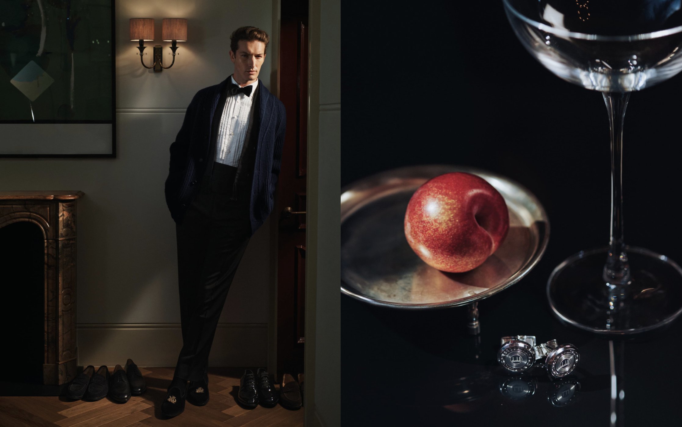 Elegant gentleman in a tuxedo poses indoors; a still life features a peach, cufflinks, and glass on a reflective surface.