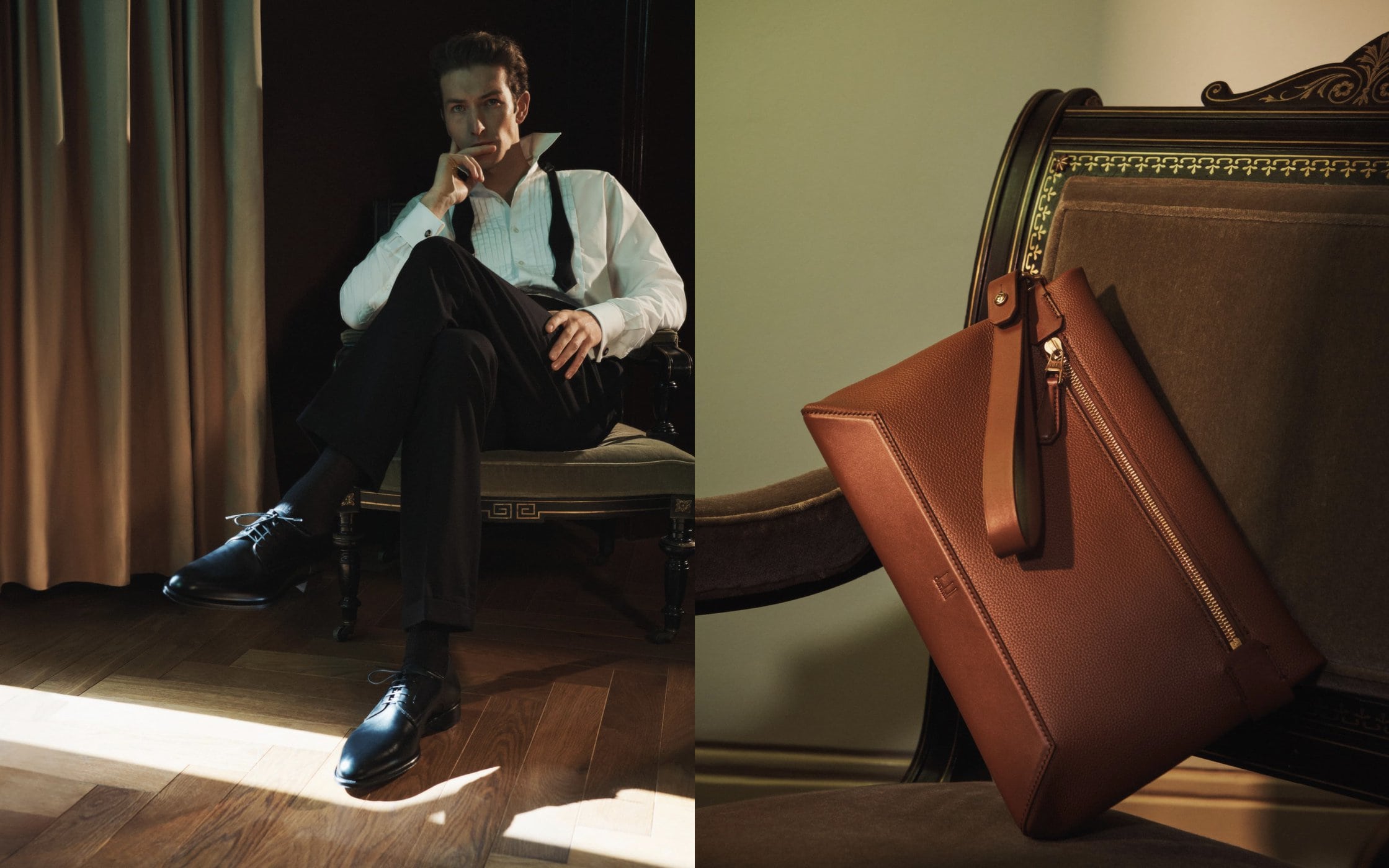 Elegant man in suspenders poses in chair next to brown leather portfolio bag in a warmly lit interior with hardwood floors.