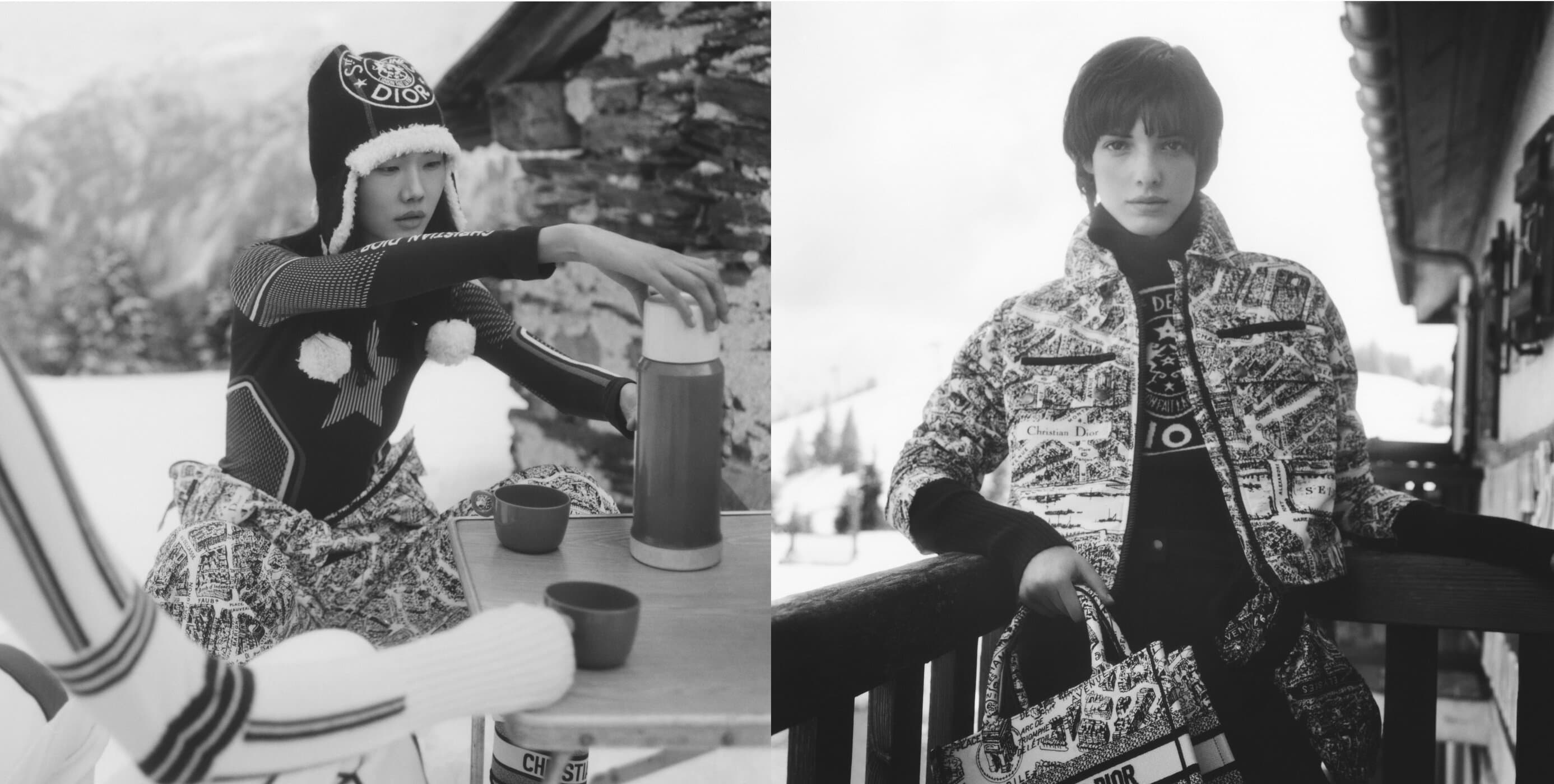 Two black-and-white split images show women in winter clothing, one pouring from a thermos, set in a snowy, mountainous background.