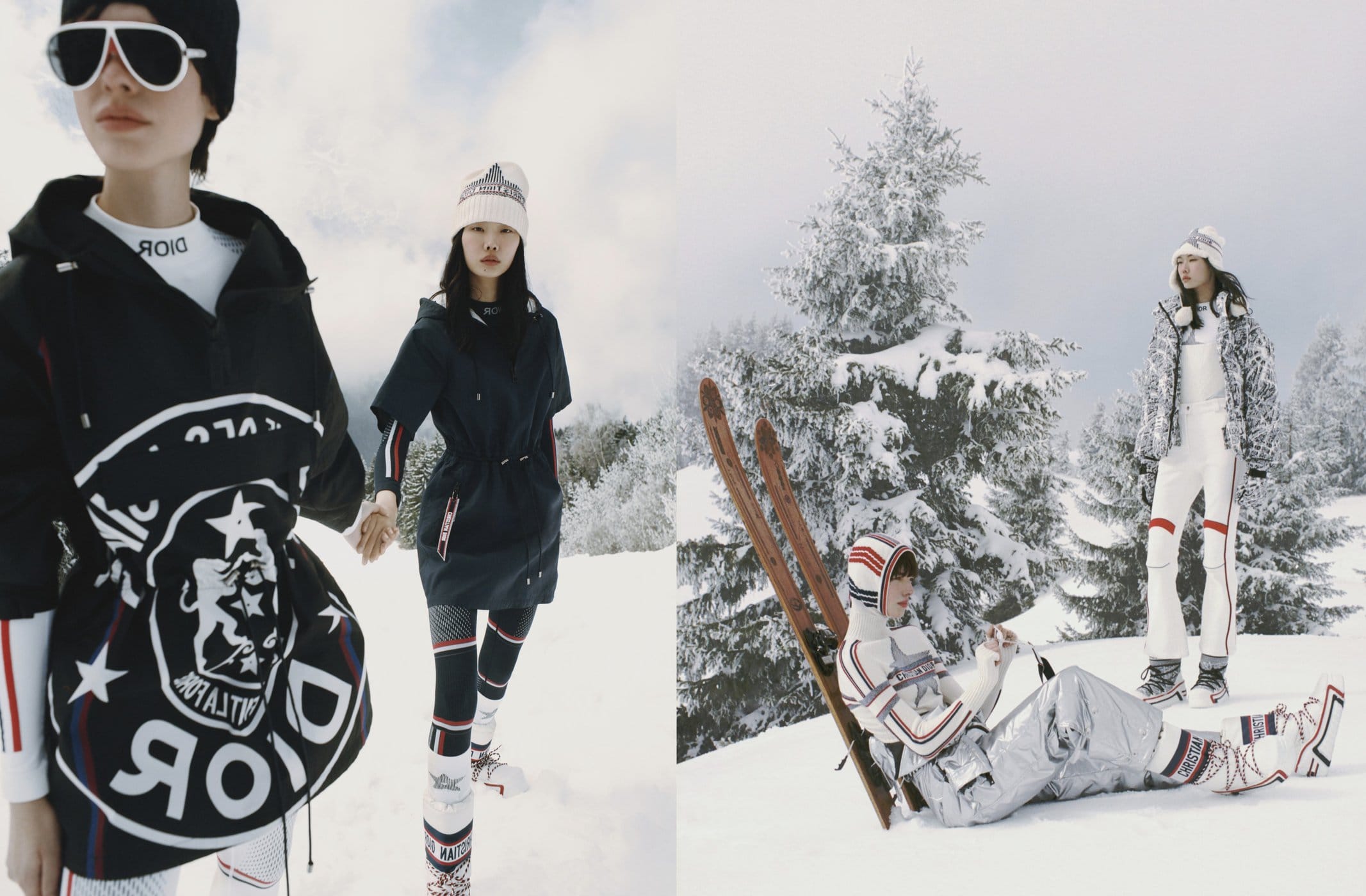 Fashion shoot featuring three women in winter wear posing in snowy outdoor setting with pine trees and skies in the background. 