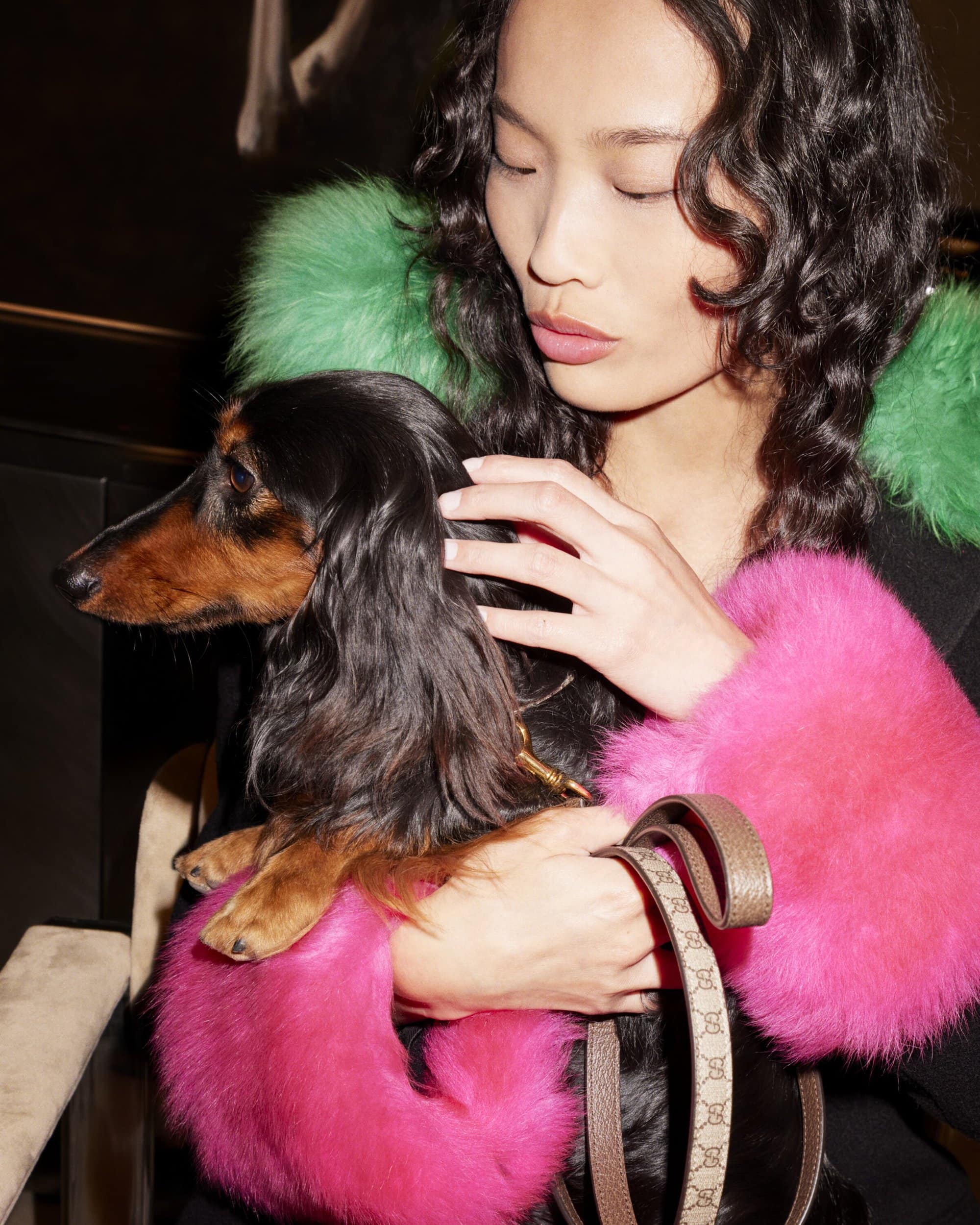 An Asian woman poses in a close-up studio shot while cuddling a long-haired dachshund, wearing a vibrant, fur-trimmed black coat.