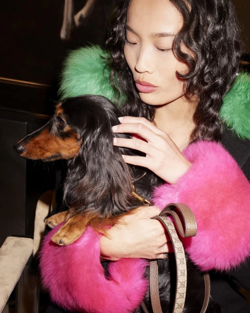 An Asian woman poses in a close-up studio shot while cuddling a long-haired dachshund, wearing a vibrant, fur-trimmed black coat.