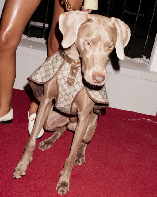 Grey Weimaraner dog on a red carpet, wearing a Gucci-patterned vest with a brown leather trim and gold buttons, with a woman.
