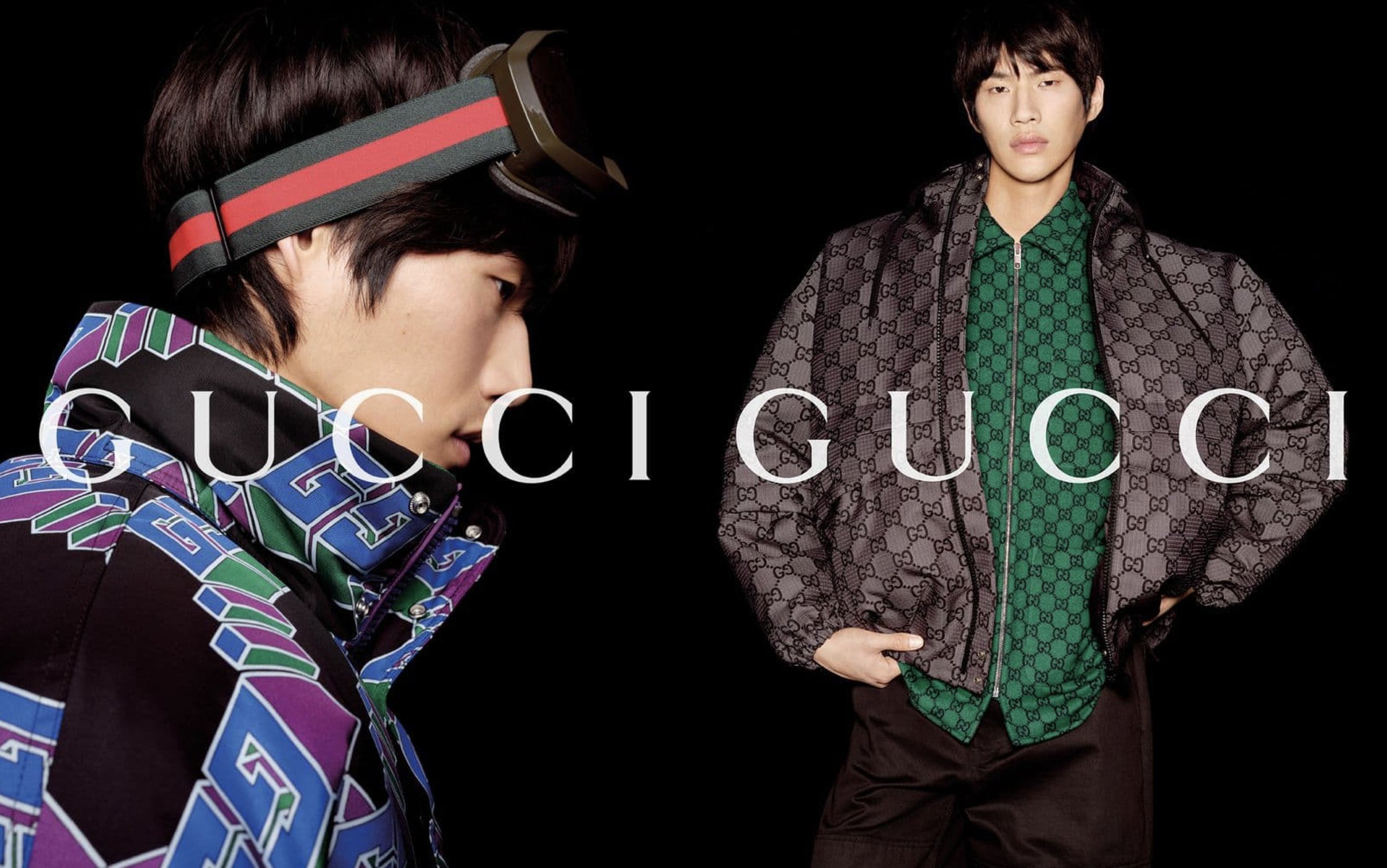 Gucci fashion campaign featuring two Asian male models wearing patterned winter coats against a black background with the brand's logo.