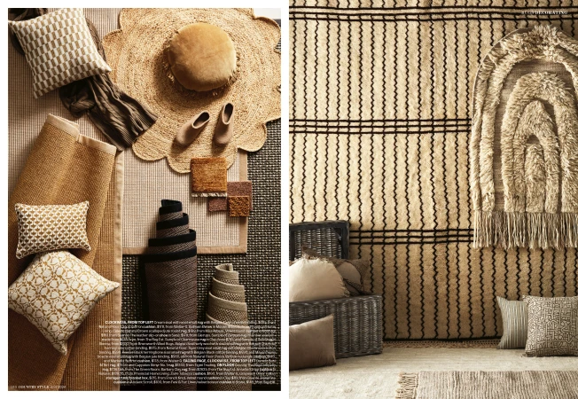 Still life of assorted tan and brown area rugs, throw pillows, and wicker furniture create a cozy, textured interior setting.