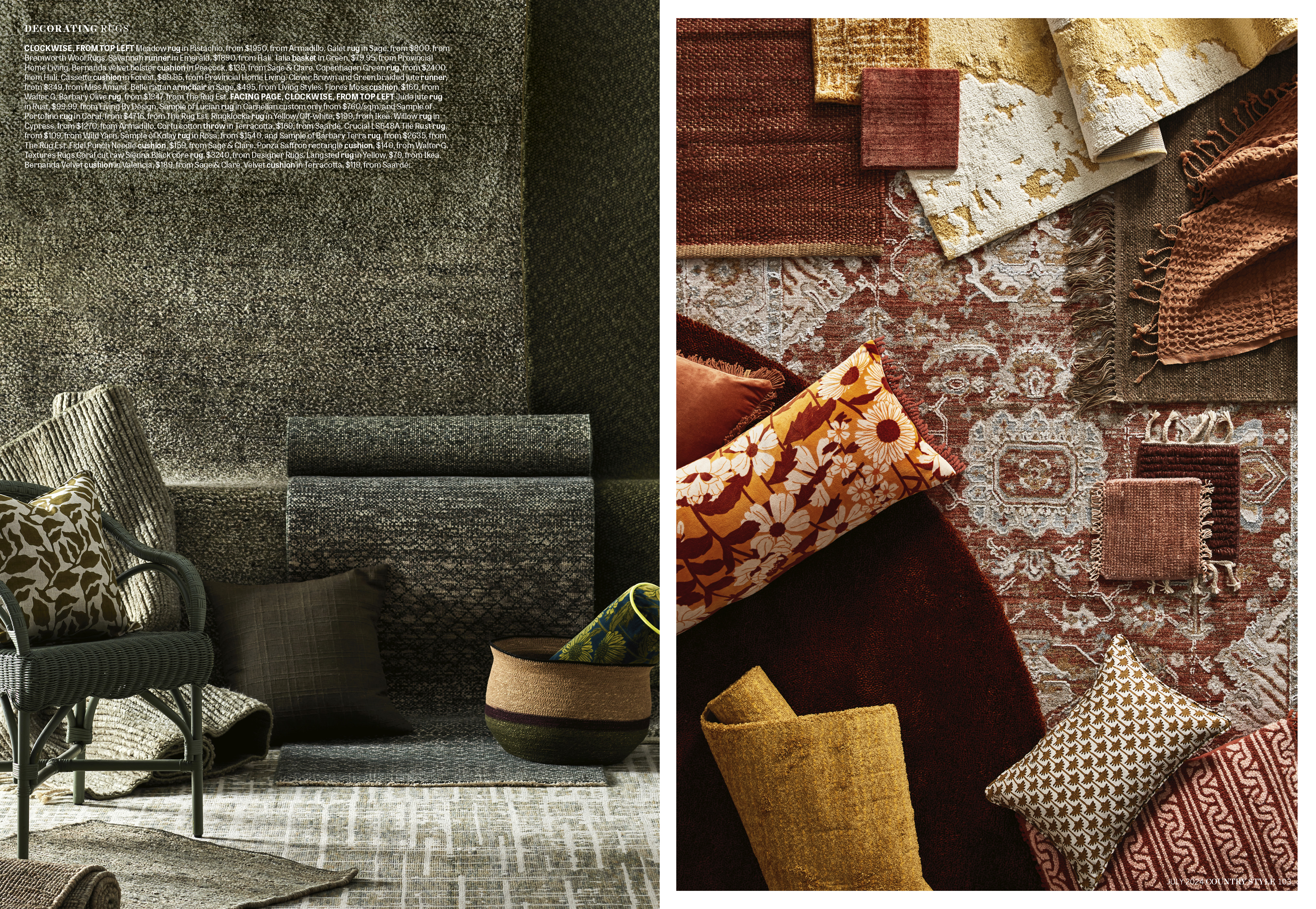 Interior design featuring various carpets, rugs, and throw pillows in earth-tone colors, arranged on a light-colored floor.