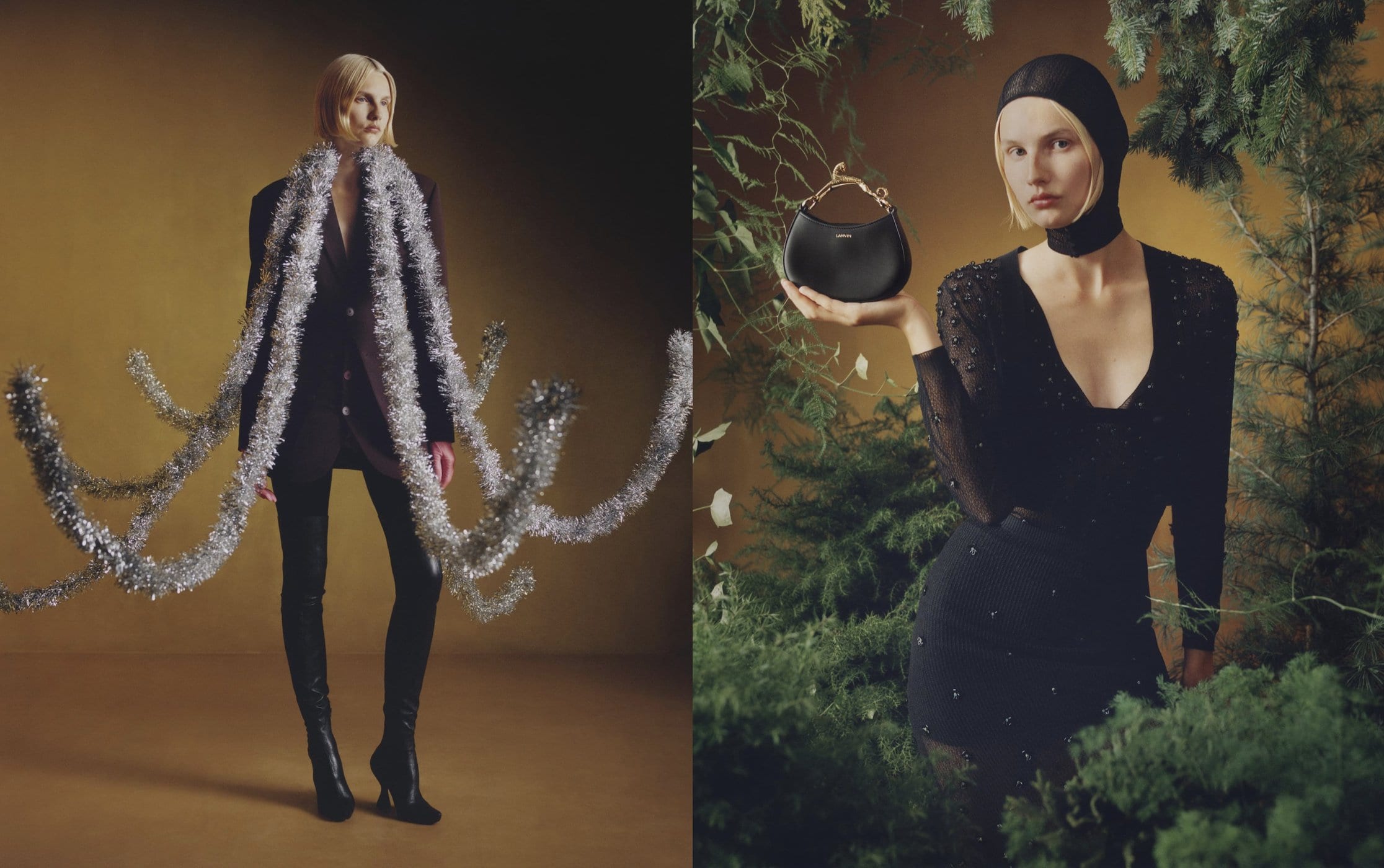Two shots of a blonde fashion model in a black outfit with silver tinsel and a handbag, posing in front of a dark gold backdrop.
