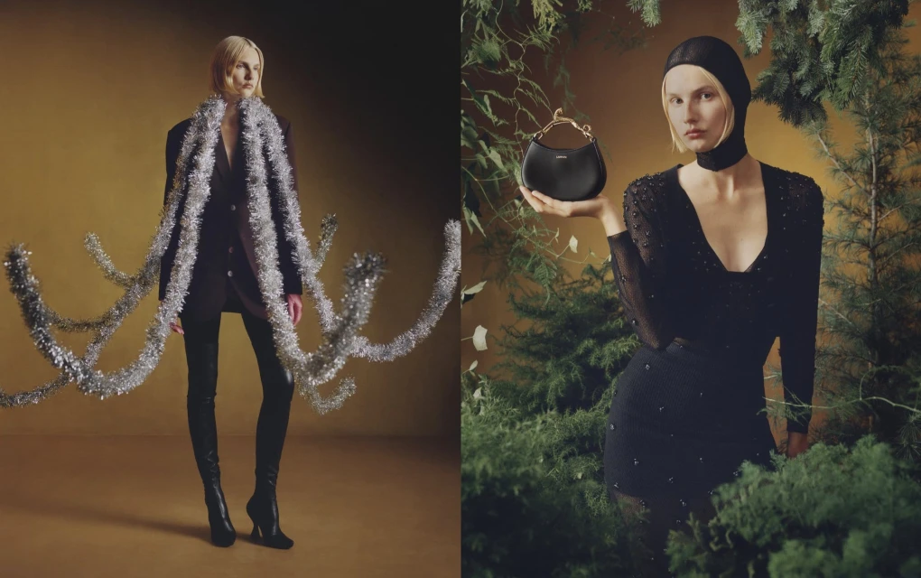 Two shots of a blonde fashion model in a black outfit with silver tinsel and a handbag, posing in front of a dark gold backdrop.