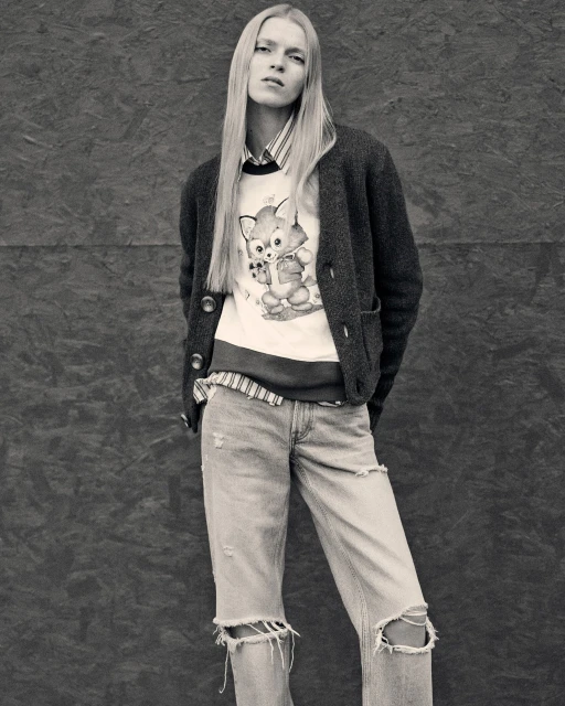 Blonde woman in a cartoon sweatshirt, cardigan, and ripped jeans posing against a grey textured background in a fashion editorial shoot.