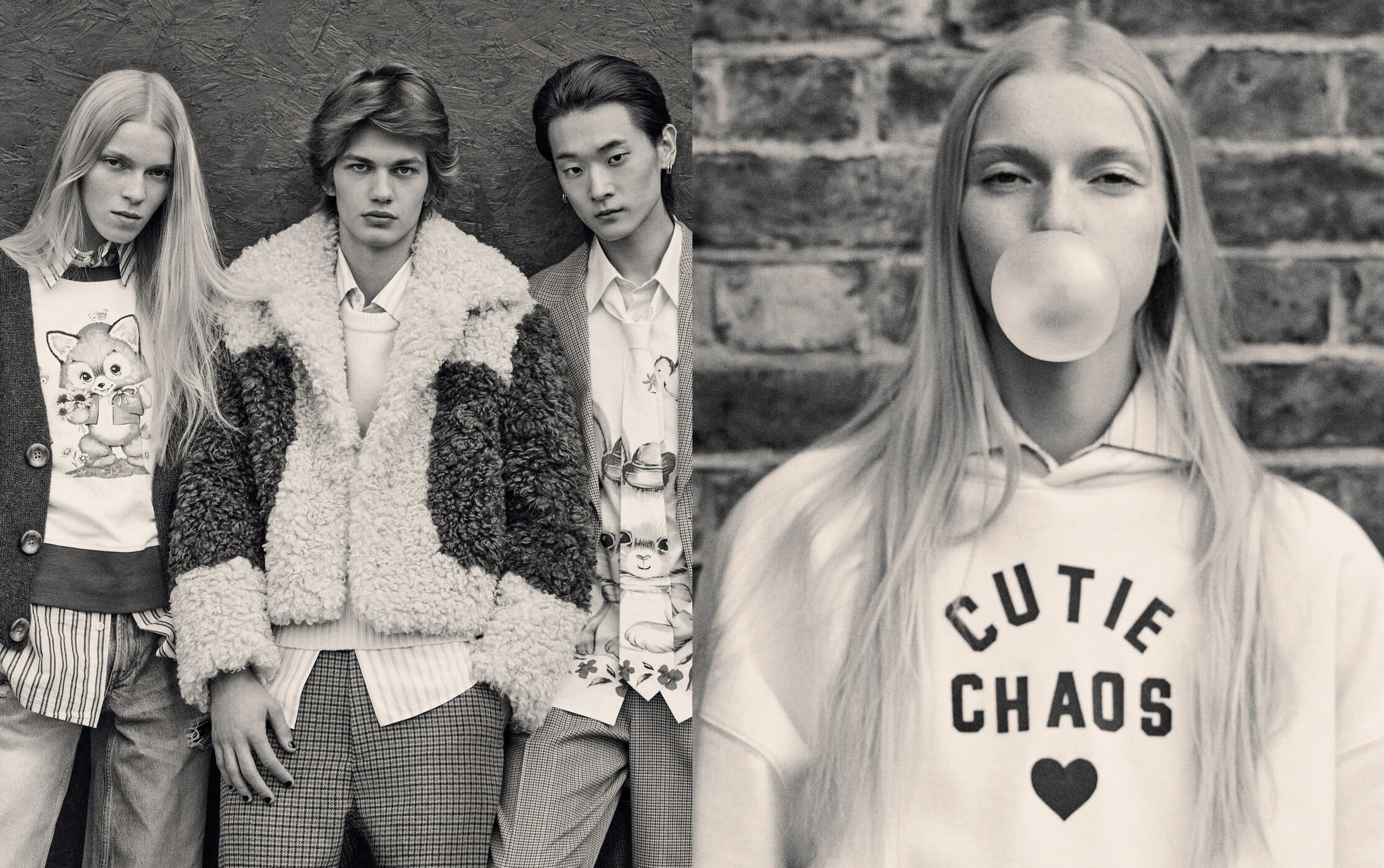Black and white fashion shot featuring a blonde woman blowing a bubble and three young adult models posing against textured backgrounds.