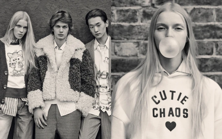 Black and white fashion shot featuring a blonde woman blowing a bubble and three young adult models posing against textured backgrounds.