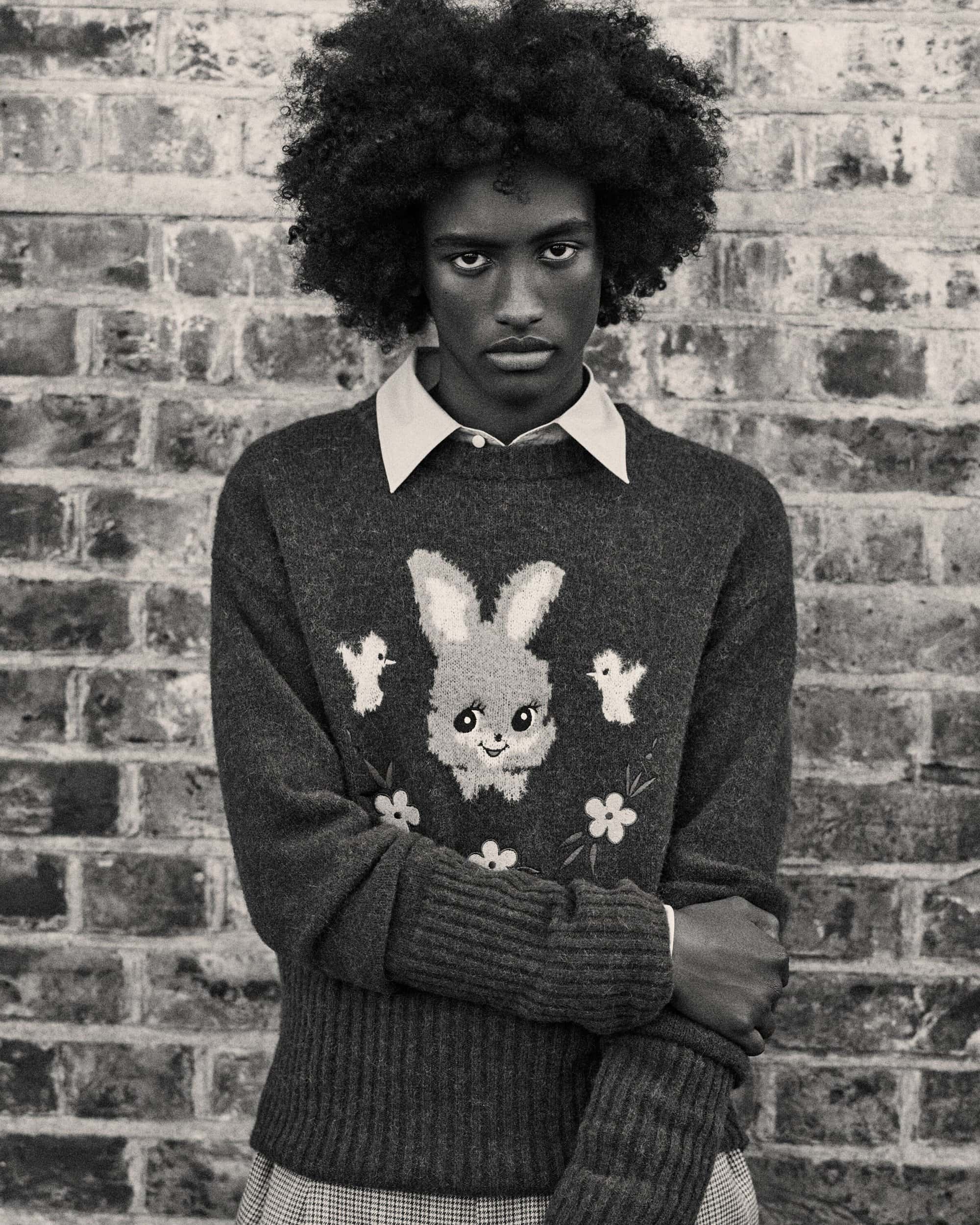 Portrait of a young Black man with an afro wearing a grey sweater with a bunny design, photographed against a brick wall.