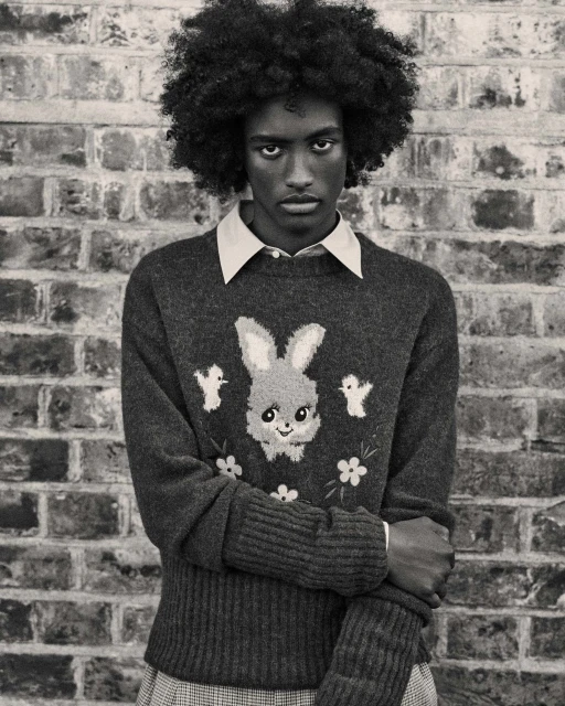 Portrait of a young Black man with an afro wearing a grey sweater with a bunny design, photographed against a brick wall.