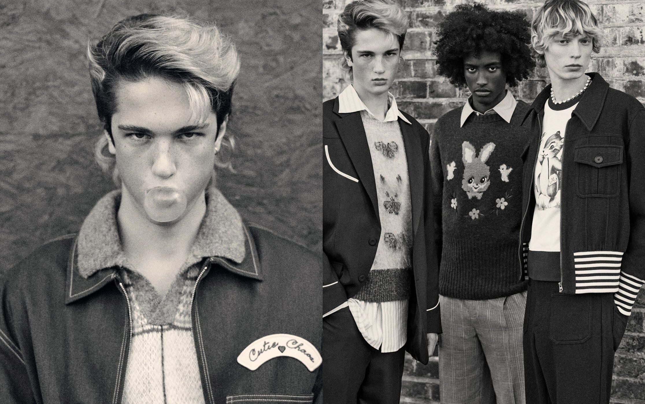 Black and white fashion shot of four male models in vintage-inspired outfits against a textured wall, one blowing bubblegum.