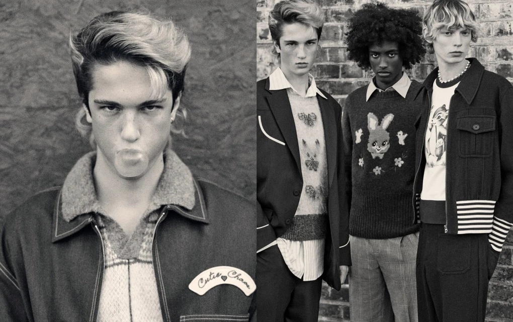 Black and white fashion shot of four male models in vintage-inspired outfits against a textured wall, one blowing bubblegum.