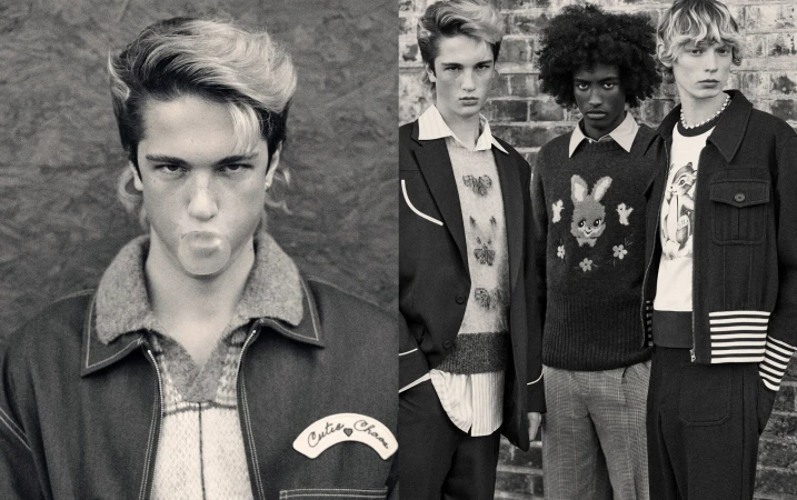 Black and white fashion shot of four male models in vintage-inspired outfits against a textured wall, one blowing bubblegum.
