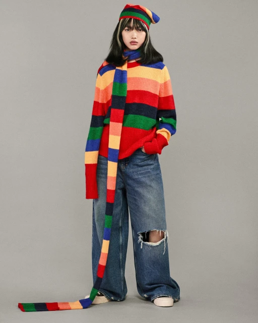 A young woman poses in a colorful striped sweater, scarf, and hat ensemble with ripped jeans against a neutral studio backdrop.
