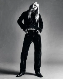 Model Lila Moss in a dark jacket and matching trousers posing on a neutral studio seamless backdrop.
