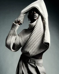 Alaato Jazyper wearing an oversized cream ribbed knit sweater and high-waisted belted trousers against a grey backdrop.