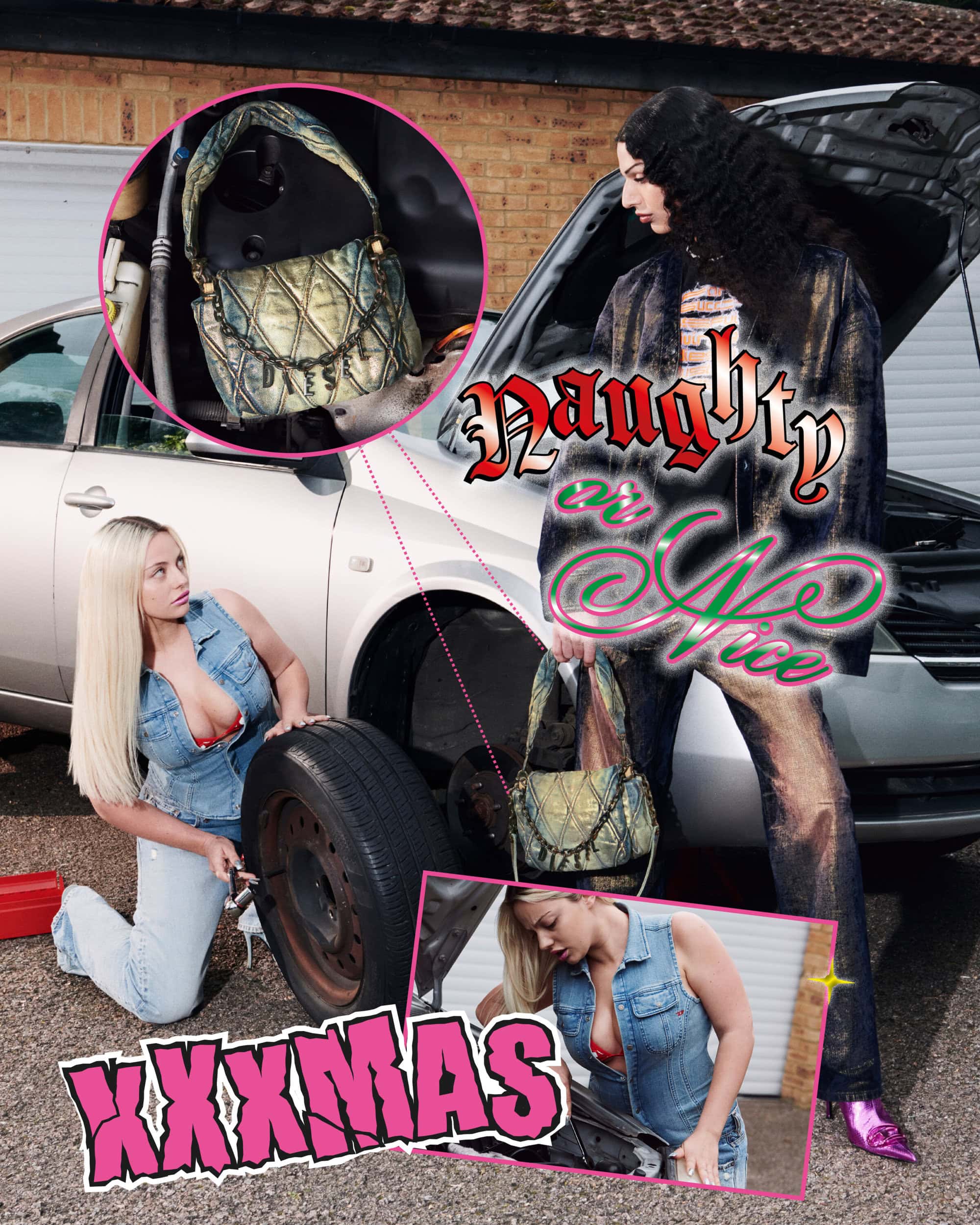 Two women are standing near a car with the hood open, with one changing a tire and the other inspecting the engine. The image includes pink text.