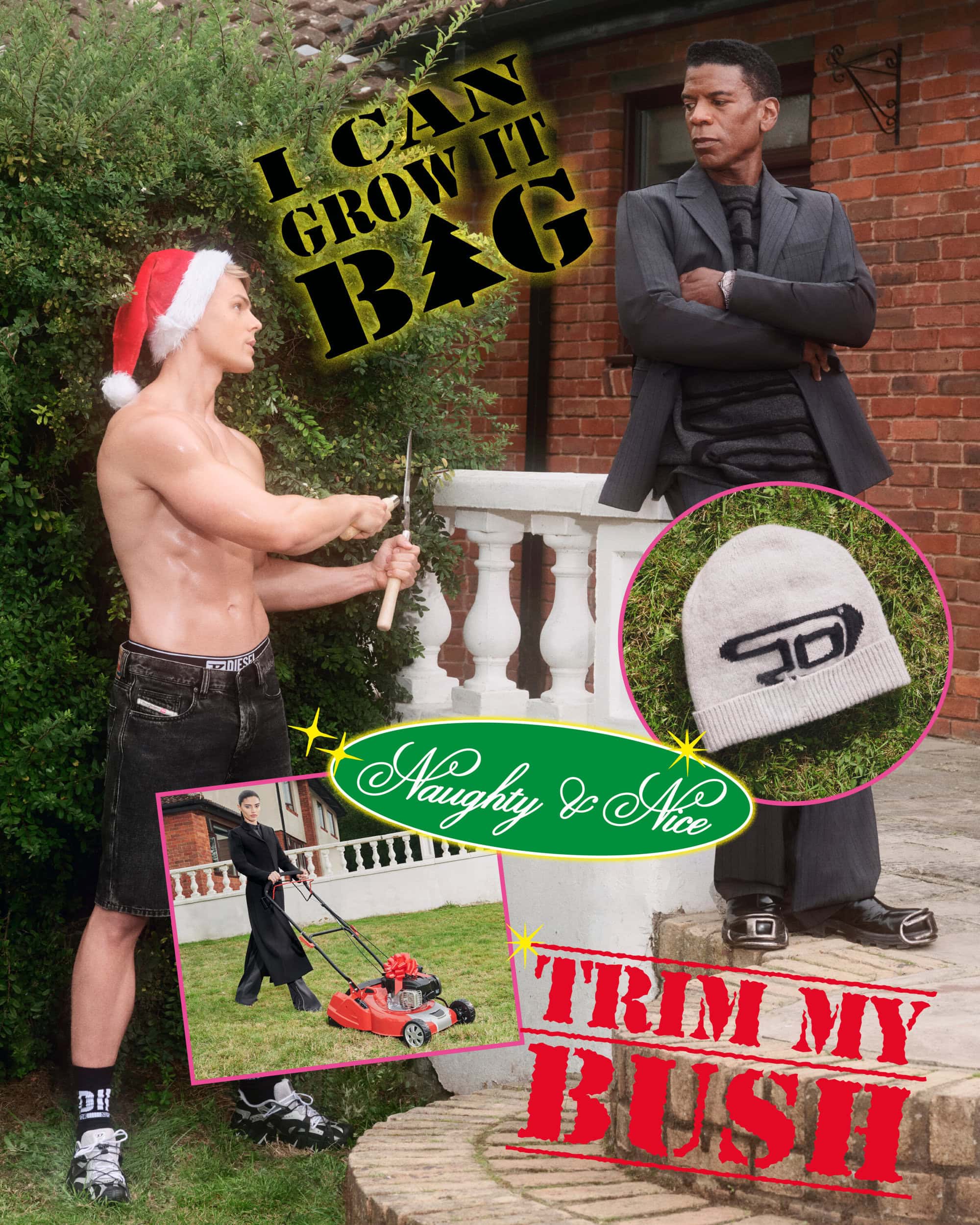 Collage of shirtless man with Santa hat, man in suit, lawnmower photo, and beanie in outdoor setting with yard. 