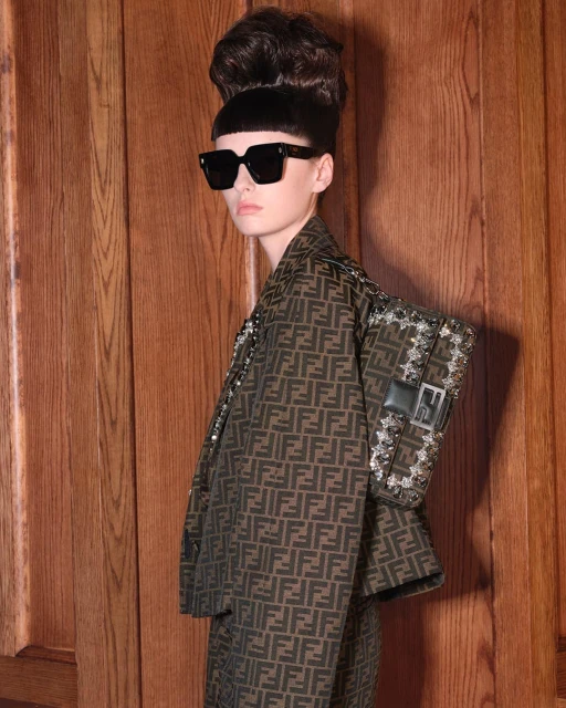 Brunette woman in patterned Fendi suit and sunglasses poses in front of wood wall with a Fendi handbag on her shoulder in a studio shot.