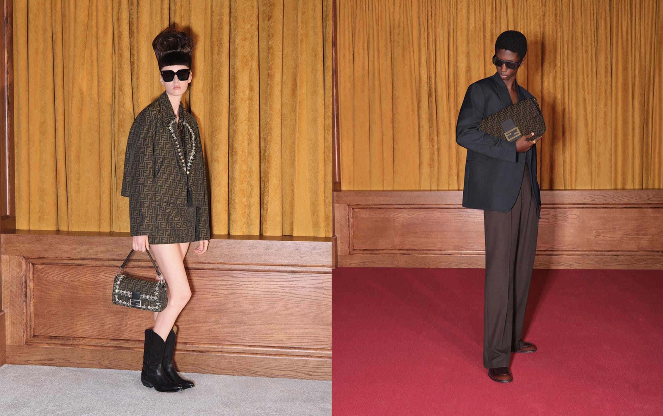 Fashion shoot features a woman and a man modeling in designer clothing and accessories against a patterned backdrop in an indoor setting.