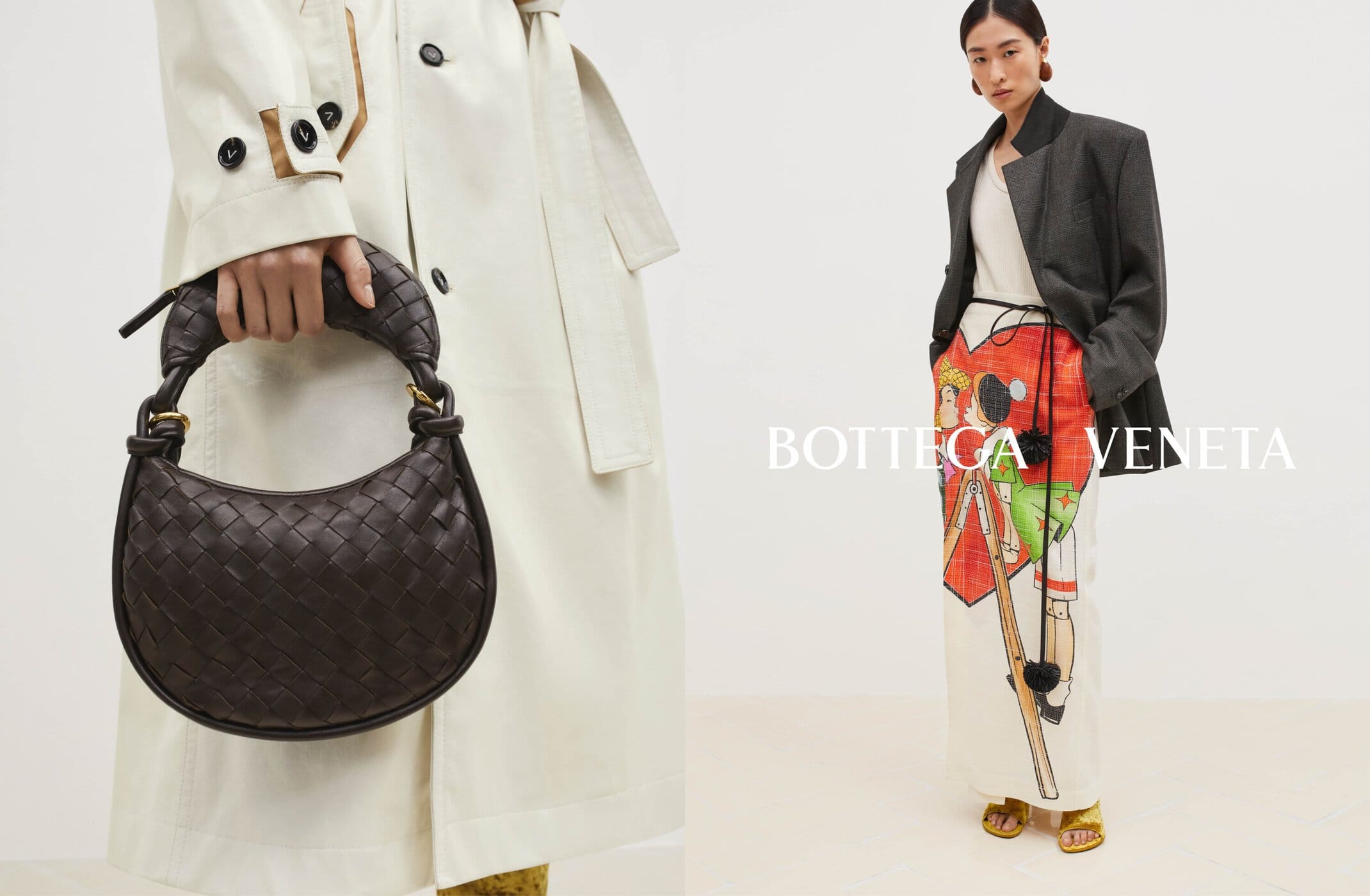 Fashion shot featuring a Bottega Veneta woven dark brown handbag against an off-white trench coat, alongside a woman in modern attire.