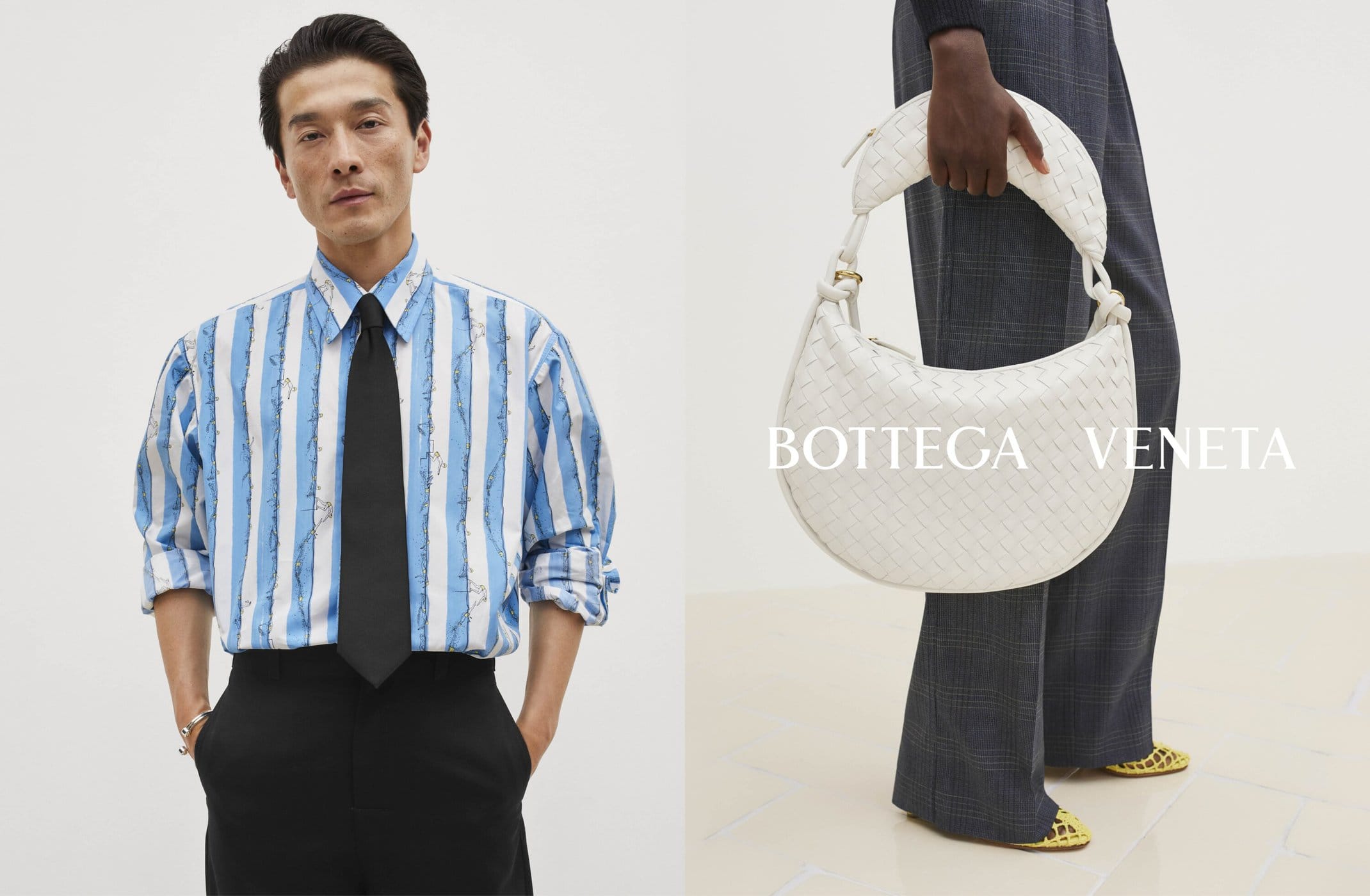 Fashion shot featuring an adult male in a striped shirt with a tie, and a woman holding a Bottega Veneta white woven leather purse.