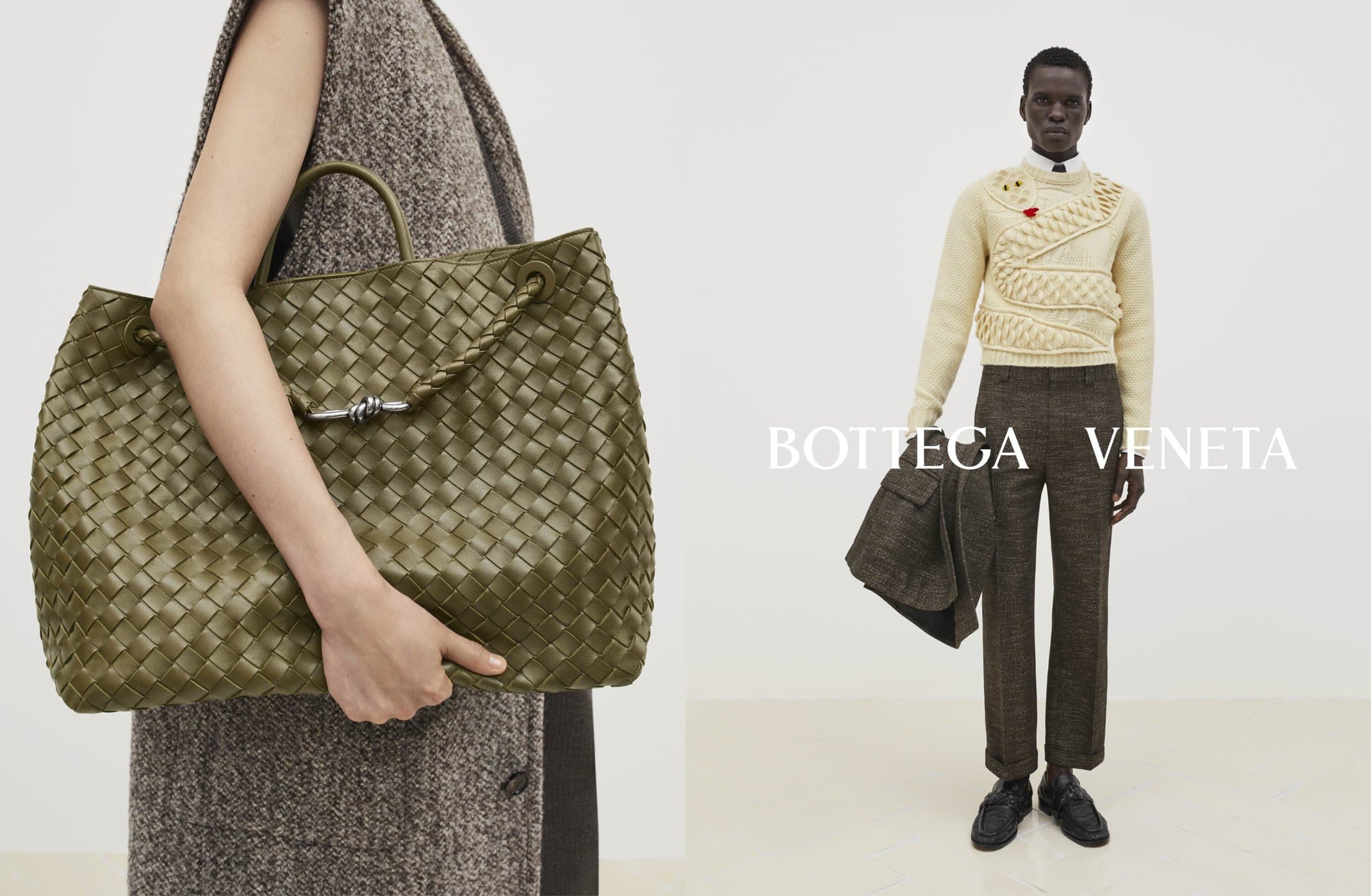 Woven Bottega Veneta bag carried by a person in a fashion shot, with a male model in a beige sweater standing against a white backdrop.