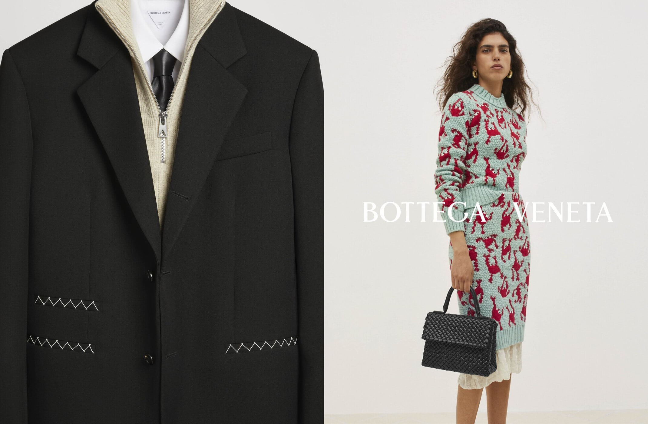 Fashion layout featuring a woman in a red lobster patterned sweater and skirt, black woven handbag, and a black blazer with white stitching.