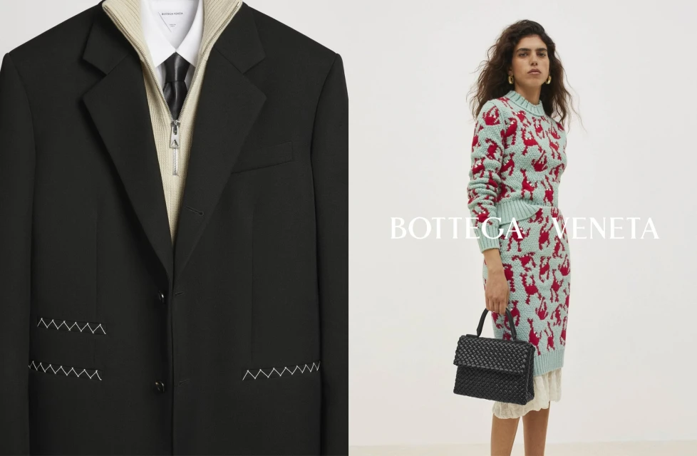 Fashion layout featuring a woman in a red lobster patterned sweater and skirt, black woven handbag, and a black blazer with white stitching.